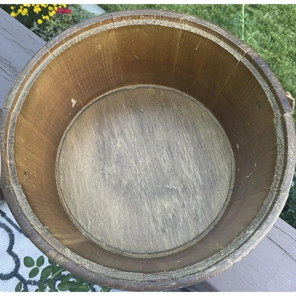 Vintage Wooden Firkin Sugar Bucket Swing Handle Lid 2 Brass Bands 12